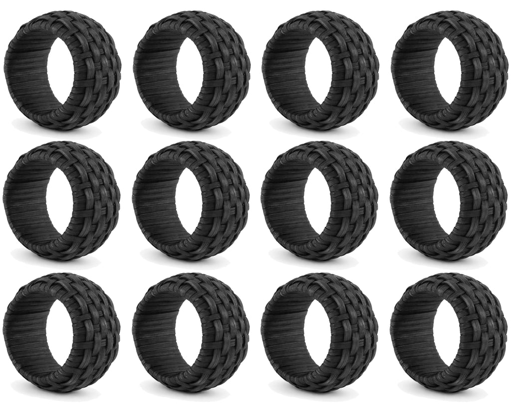 Artisan Cane Napkin Rings Set of 12, Earthy Woven Dinner Napkin Holders, Natural Bohemian Farmhouse Table Accessory for Dinner Parties & Everyday Use (Black) - ALPHA Living HOME