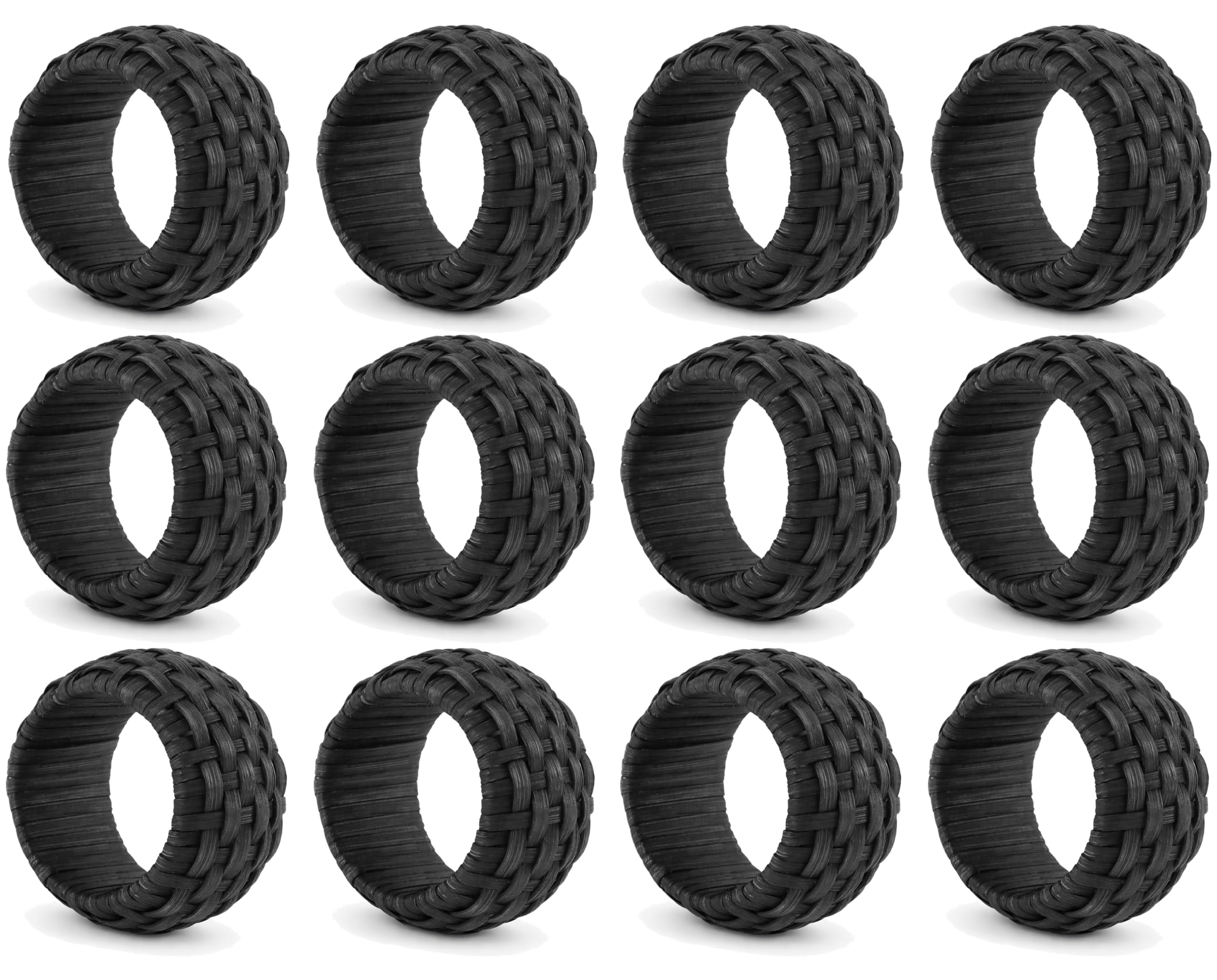 Artisan Cane Napkin Rings Set of 12, Earthy Woven Dinner Napkin Holders, Natural Bohemian Farmhouse Table Accessory for Dinner Parties & Everyday Use (Black) - ALPHA Living HOME