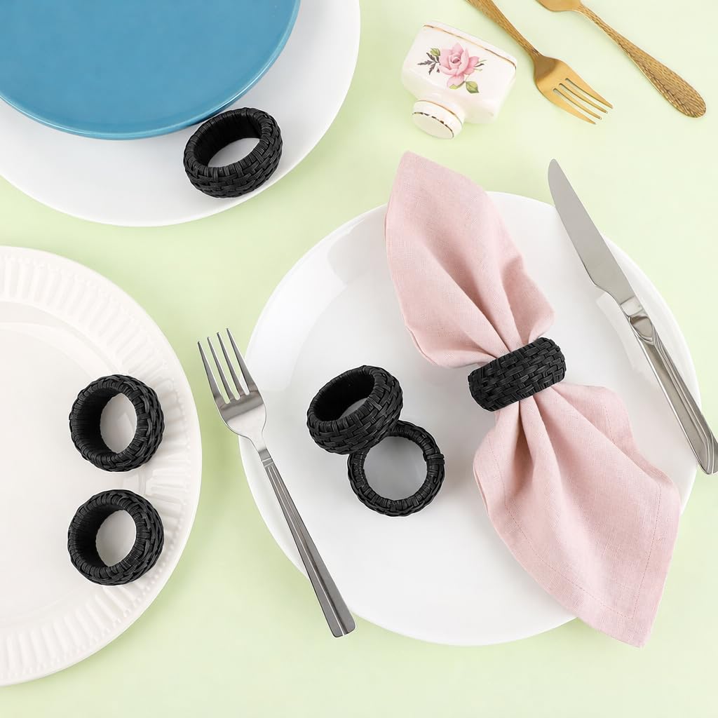 Artisan Cane Napkin Rings Set of 12, Earthy Woven Dinner Napkin Holders, Natural Bohemian Farmhouse Table Accessory for Dinner Parties & Everyday Use (Black) - ALPHA Living HOME