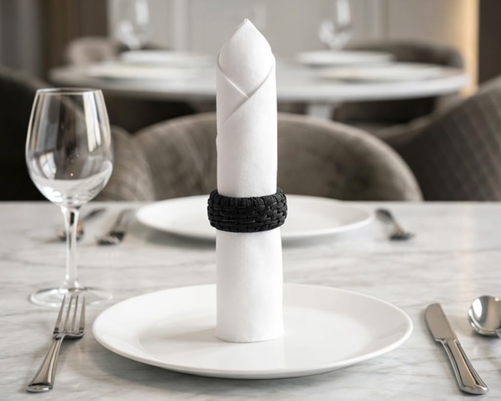 Artisan Cane Napkin Rings Set of 12, Earthy Woven Dinner Napkin Holders, Natural Bohemian Farmhouse Table Accessory for Dinner Parties & Everyday Use (Black) - ALPHA Living HOME