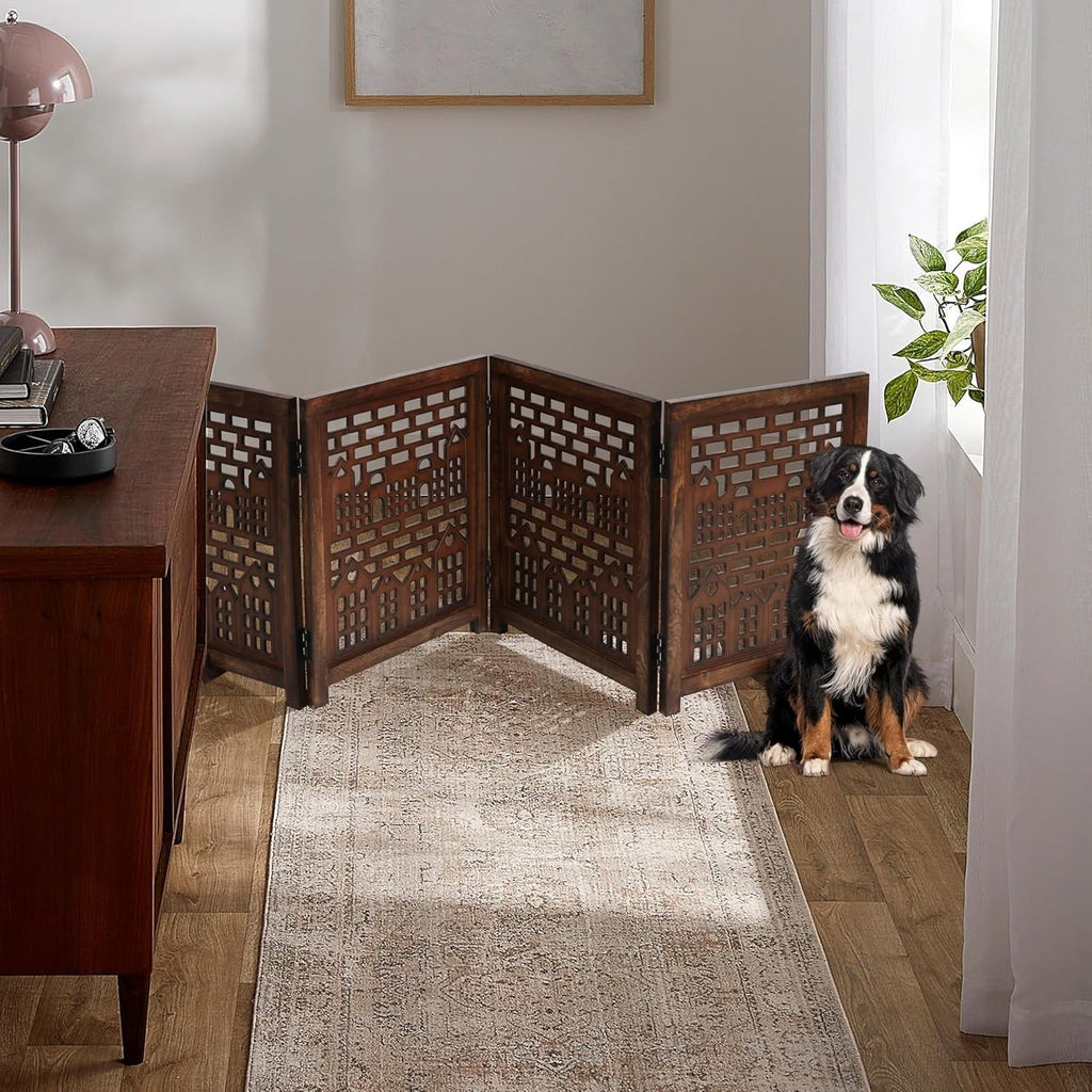 The Wooden Town Freestanding Pet Gate for Dogs, Foldable 4-Panel Wooden Dog Gate for Indoor Use, Burnt Finish, 72" W x 18" H