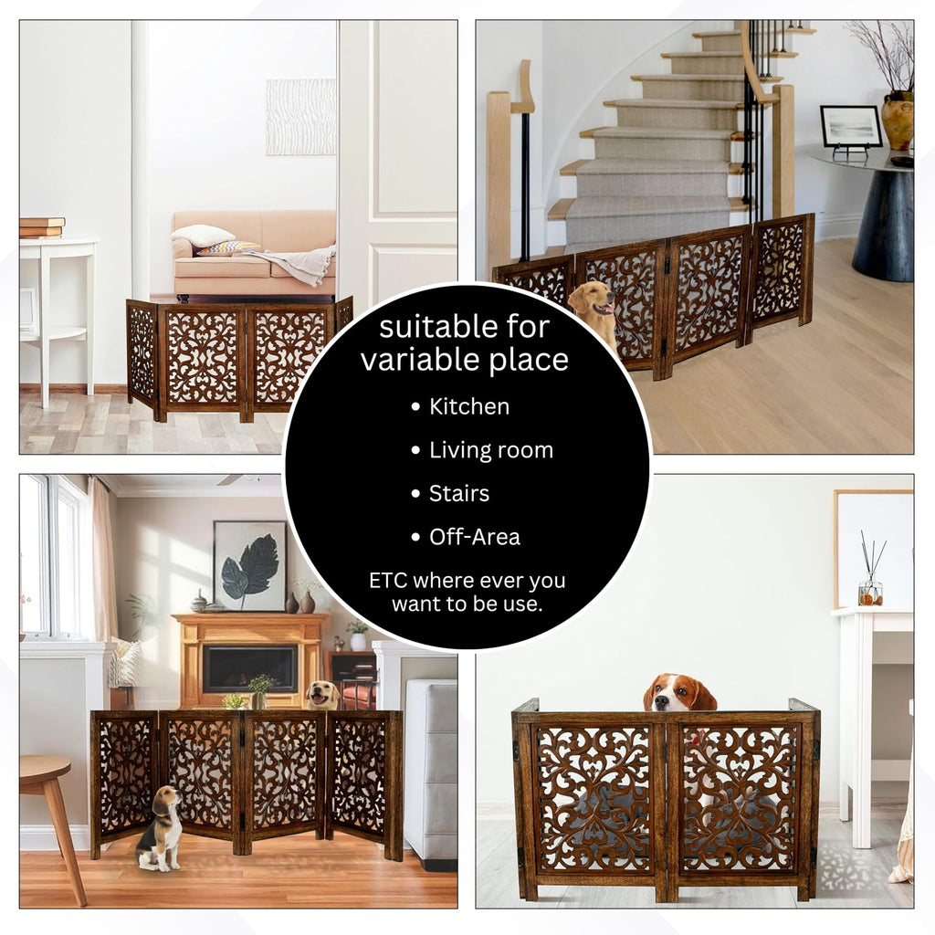 The Wooden Town Freestanding Dog Gate, Foldable 4-Panel Wooden Pet Gate for Indoor Use, Hand-Carved Solid Wood & MDF, Antique Brown, 72" W x 24" H