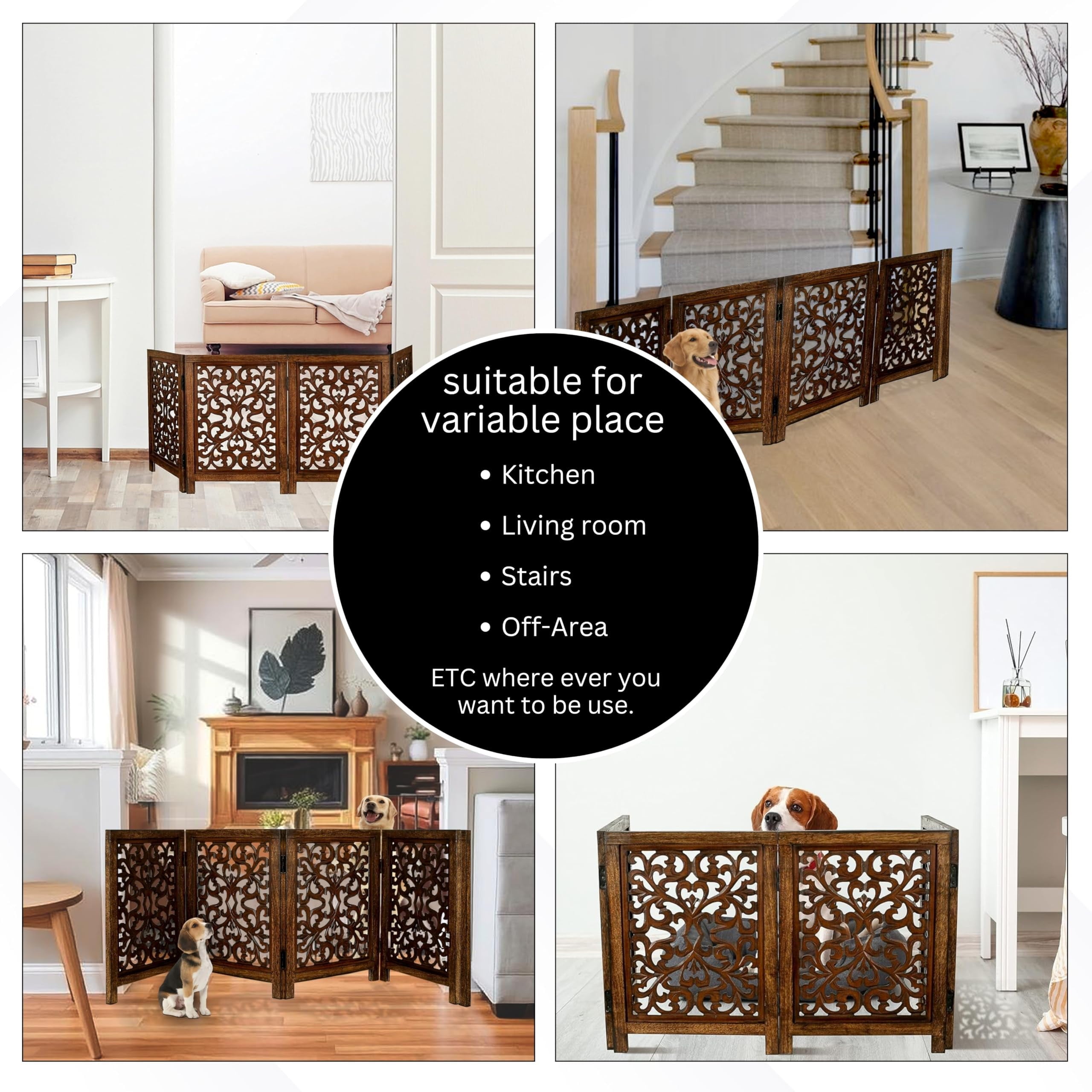 The Wooden Town Freestanding Dog Gate, Foldable 4-Panel Wooden Pet Gate for Indoor Use, Hand-Carved Solid Wood & MDF, Antique Brown, 72" W x 24" H