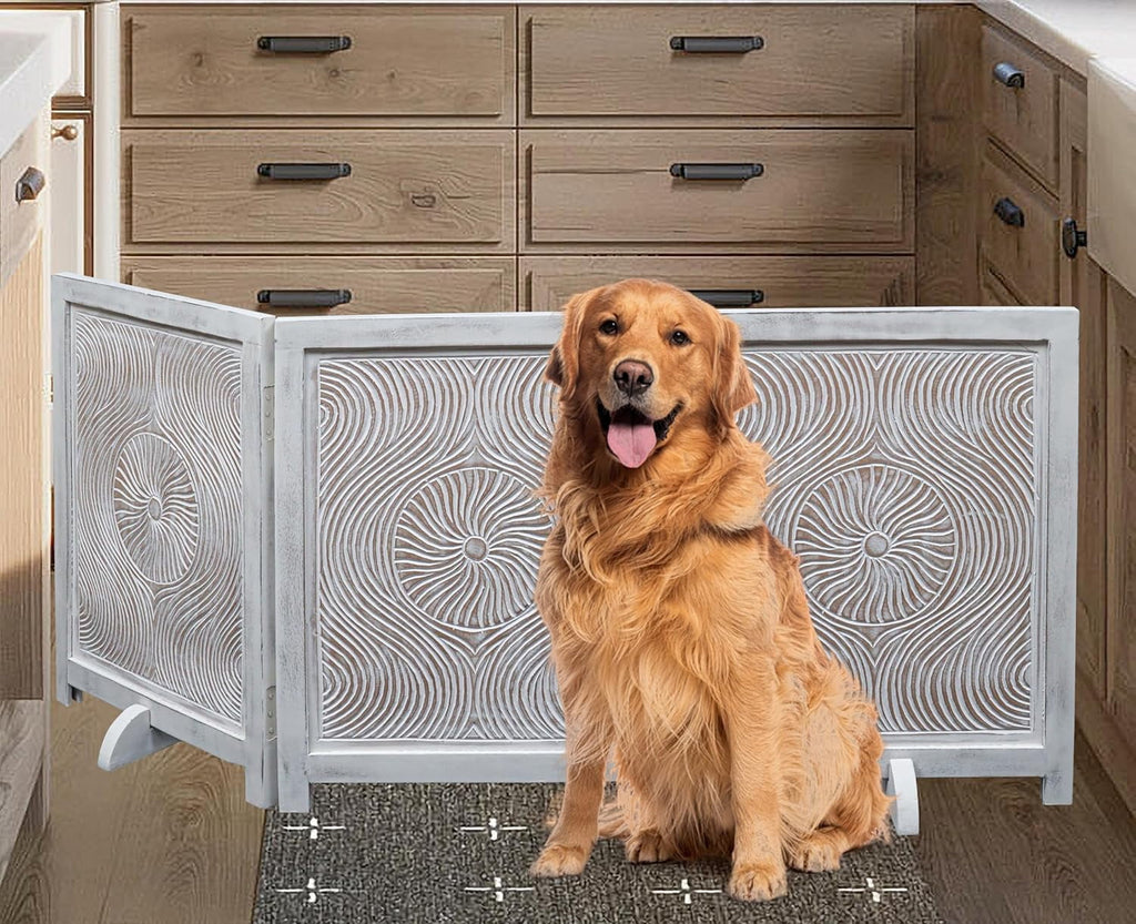 The Wooden Town Freestanding Wooden Dog Gate, Foldable 3-Panel Indoor Pet Gate for Stairs & Doorways, White Antique, 54" Wide