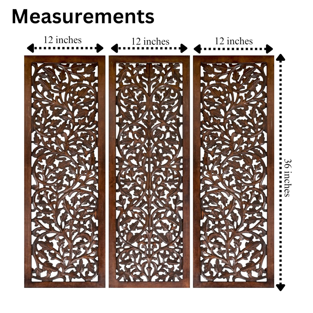 Hand-Carved Wooden Wall Panels Set of 3 – 36” x 12” Burnt Finish Wall Décor