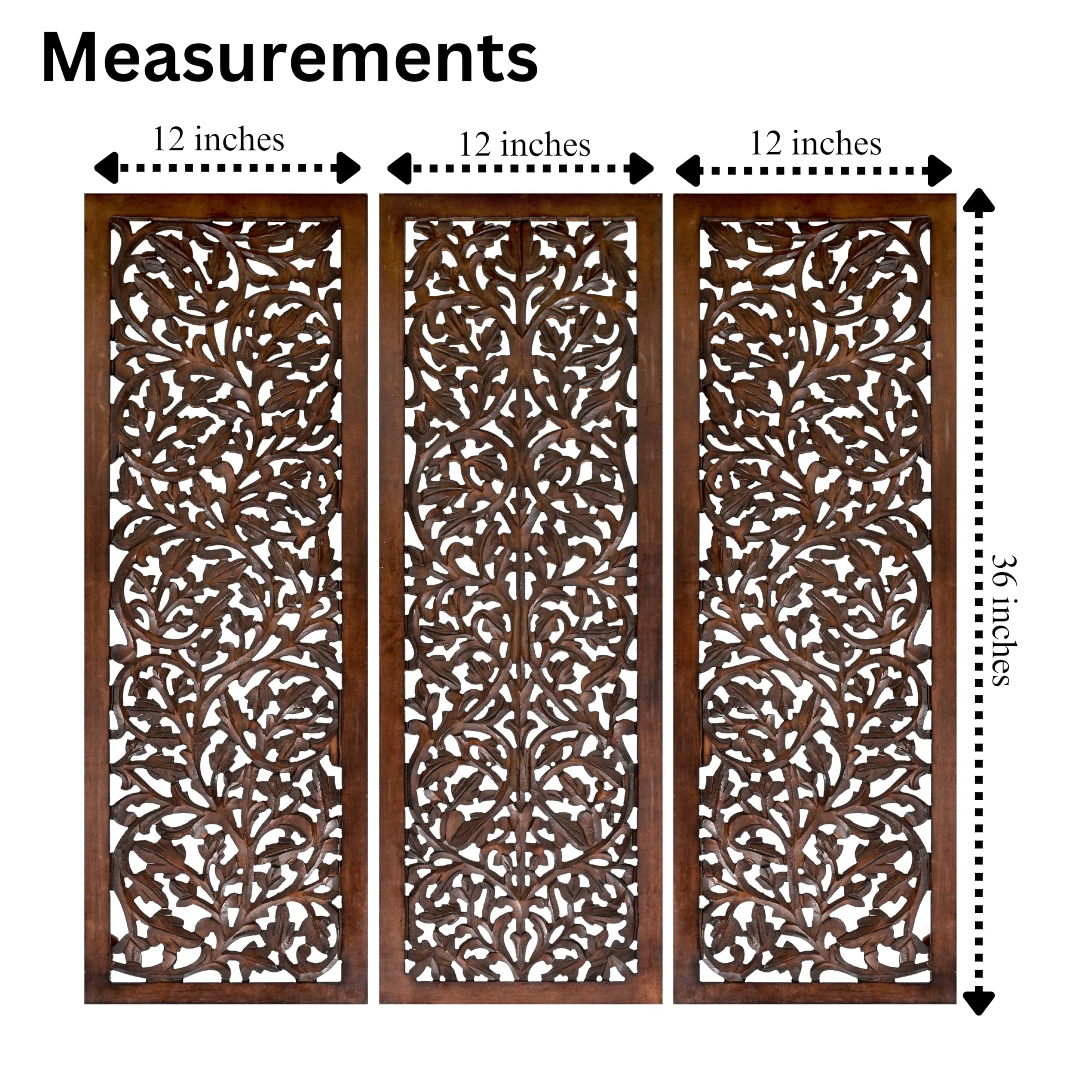 Hand-Carved Wooden Wall Panels Set of 3 – 36” x 12” Burnt Finish Wall Décor
