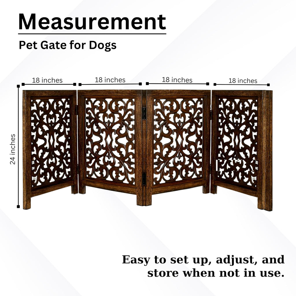 The Wooden Town Freestanding Dog Gate, Foldable 4-Panel Wooden Pet Gate for Indoor Use, Hand-Carved Solid Wood & MDF, Antique Brown, 72" W x 24" H