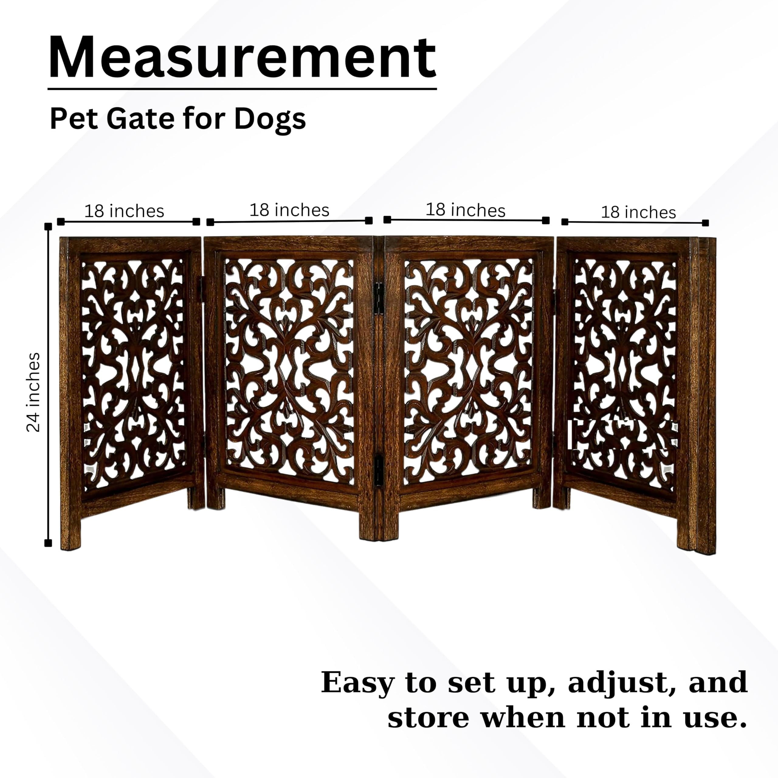 The Wooden Town Freestanding Dog Gate, Foldable 4-Panel Wooden Pet Gate for Indoor Use, Hand-Carved Solid Wood & MDF, Antique Brown, 72" W x 24" H