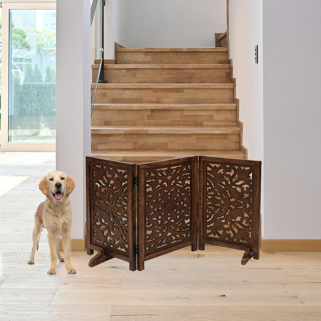 The Wooden Town Foldable 3-Panel Wooden Dog Gate with Circle Design, Freestanding Indoor Pet Barrier for Doorways & Stairs, Burnt Finish, 48" Wide