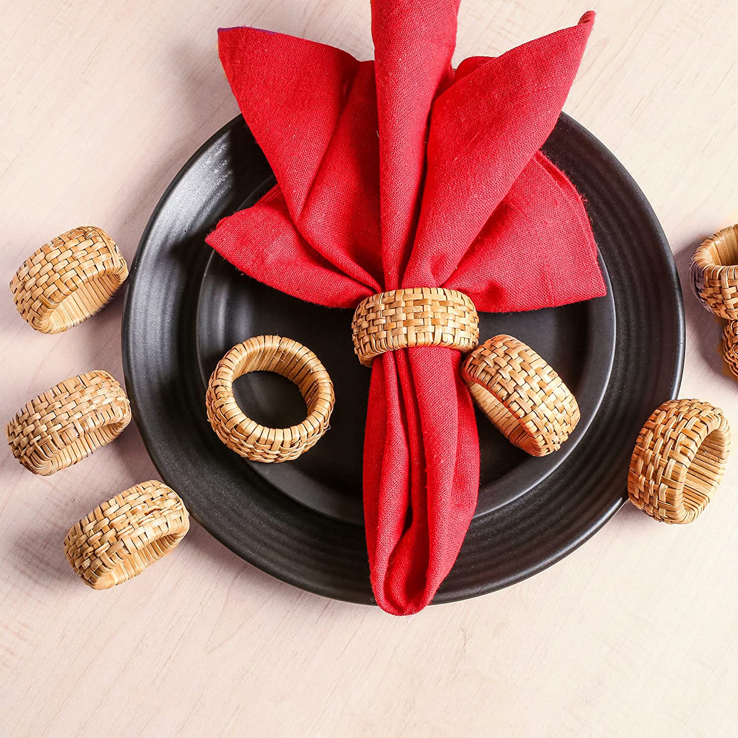 ALPHA Living HOME Boho Chic Dining Décor Set of 12 - Handmade Napkin Rings Rustic Woven Rattan Napkin Holders for Dining Table, Weddings, Parties, Holiday Gatherings, and Everyday Use (Natural)