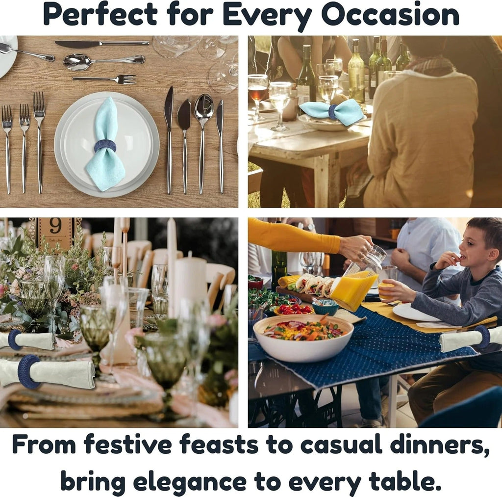50 Pcs Woven Napkin Rings - Handcrafted Plastic & Rayon Decorative Napkin Holders for Table Settings, Dinner Parties, Weddings, Holiday Décor, Rustic Farmhouse Style (Navy Blue) - ALPHA Living HOME