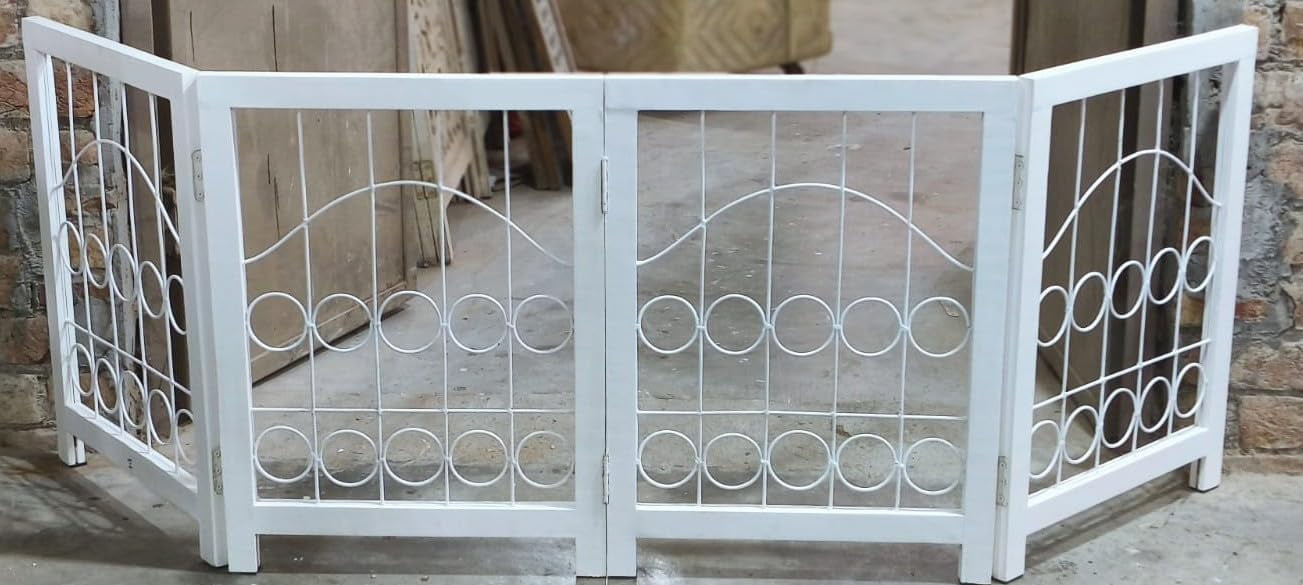 The Wooden Town Foldable Indoor Dog Gate, 4-Panel Freestanding Pet Gate with Decorative Circle Design, Portable Safety Barrier, 72" W x 18" H