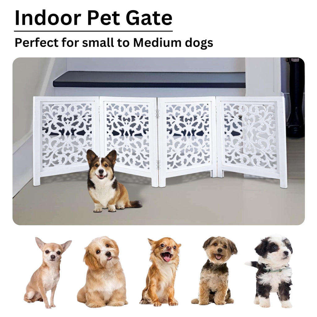 The Wooden Town Freestanding Dog Gate, Foldable 4-Panel Wooden Pet Gate for Doorways, Hallways & Stairs, Antique White, 72" W x 24" H