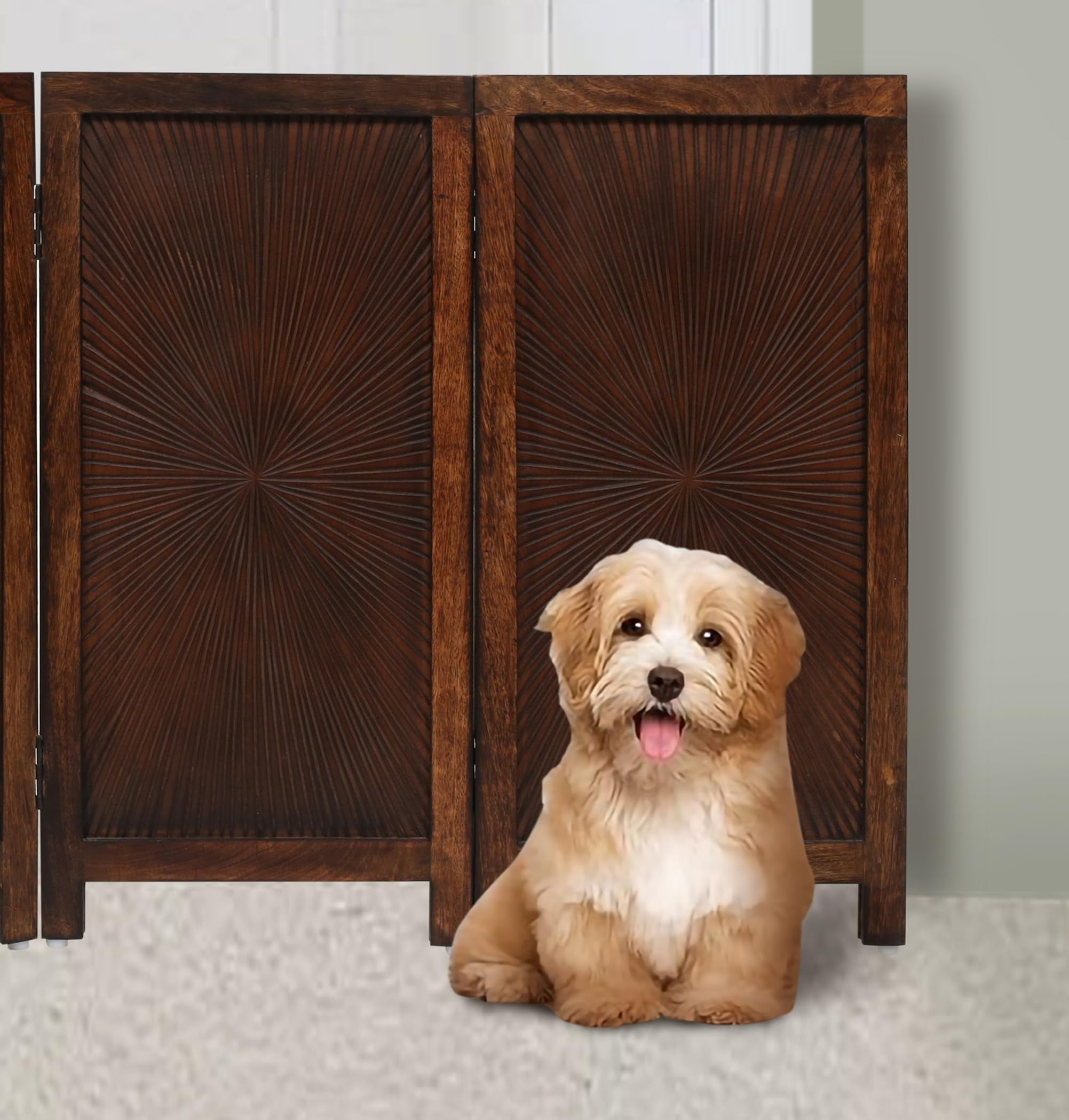 The Wooden Town Foldable Indoor Pet Gate, Free-Standing 4-Panel Dog Barrier, Hand-Carved Solid Wood & MDF, Burnt Finish, 56" W x 28" H