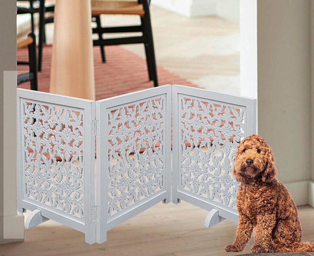 The Wooden Town Foldable 3-Panel Wooden Dog Gate with Flower Design, Freestanding Indoor Pet Barrier, White Antique, 54" Wide