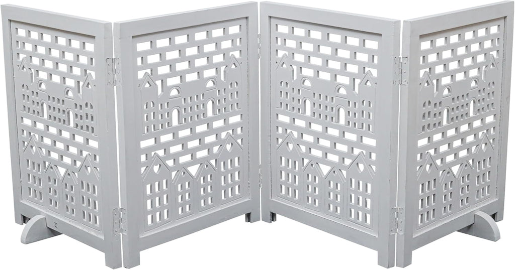 The Wooden Town Freestanding Wooden Dog Gate, Foldable 4-Panel Indoor Pet Barrier for Stairs & Doorways, White Antique, 72" Wide