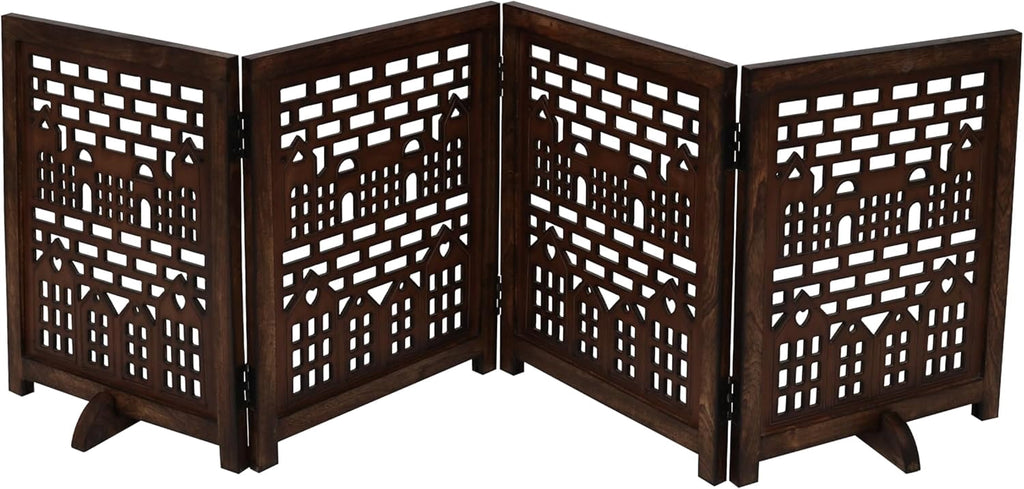 The Wooden Town Freestanding Pet Gate for Dogs, Foldable 4-Panel Wooden Dog Gate for Indoor Use, Burnt Finish, 72" W x 18" H