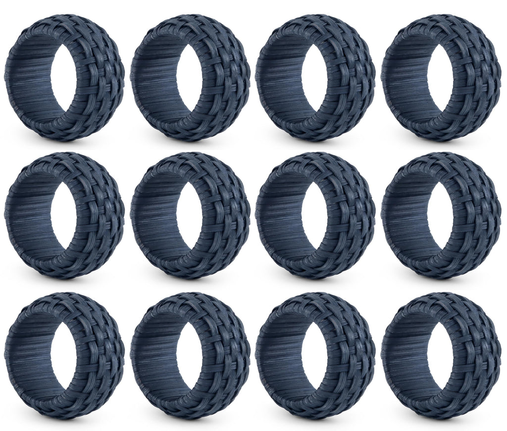 Artisan Cane Napkin Rings Set of 12, Earthy Woven Dinner Napkin Holders, Natural Bohemian Farmhouse Table Accessory for Dinner Parties & Everyday Use (Blue) - ALPHA Living HOME