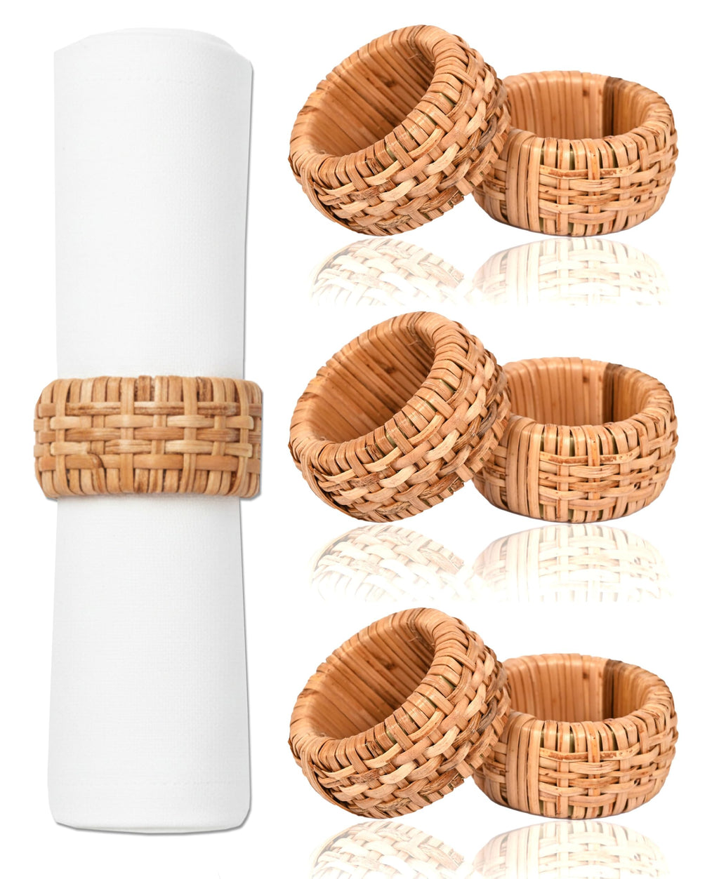 Woven Cane Napkin Rings for Table Settings,Textured Cane Napkin Holder Set of 6, Boho Chic Dining Beach House Decor & Chic Dining Accessory (Brown) - ALPHA Living HOME