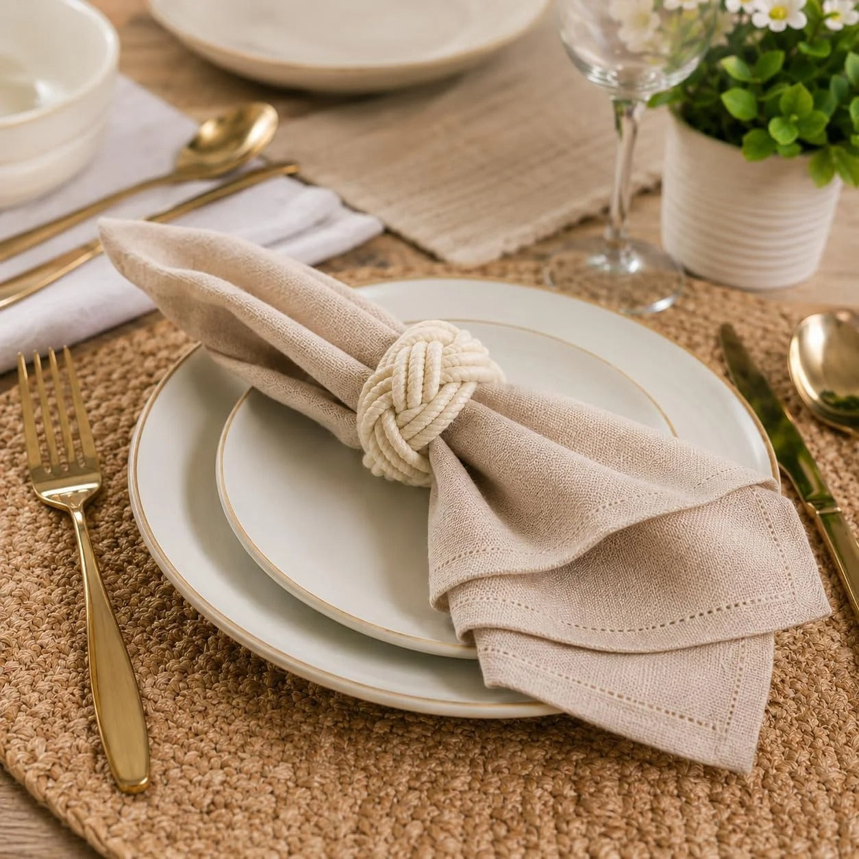 Artisan Handcrafted Cotton Napkin Rings Set of 50, Rustic Farmhouse Coastal Table Decor, Beach House Dining, Bohemian Linen Holder for Dinner Parties & Everyday Use (Off White) - ALPHA Living HOME