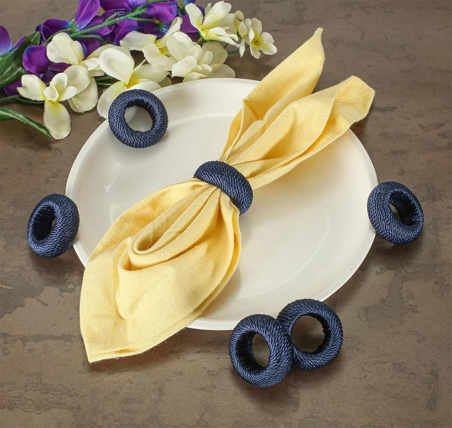 50 Pcs Woven Napkin Rings - Handcrafted Plastic & Rayon Decorative Napkin Holders for Table Settings, Dinner Parties, Weddings, Holiday Décor, Rustic Farmhouse Style (Navy Blue) - ALPHA Living HOME