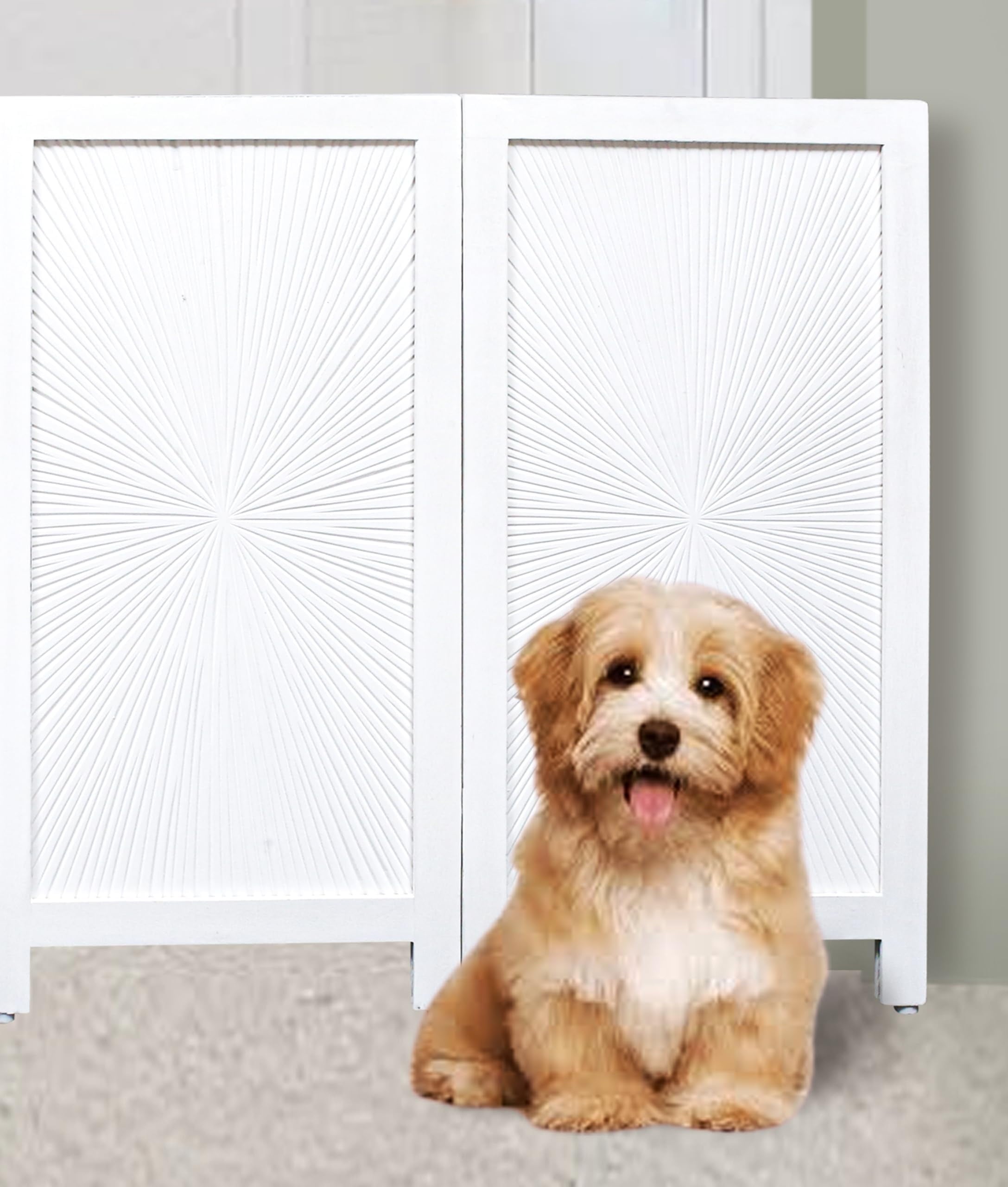 The Wooden Town Foldable 4-Panel Indoor Pet Gate, Freestanding Wooden Dog Gate for Doorways & Hallways, Antique White, 56" W x 28" H