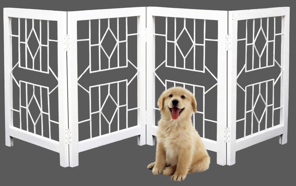 The Wooden Town Foldable Indoor Dog Gate, 4-Panel Freestanding Pet Gate with Arrow Pattern, White Finish, 72" W x 18" H
