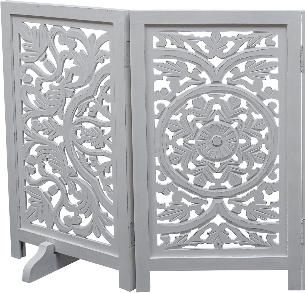 The Wooden Town Foldable 3-Panel Wooden Dog Gate with Circle Design, Freestanding Indoor Pet Barrier for Doorways & Stairs, White Antique, 48" Wide