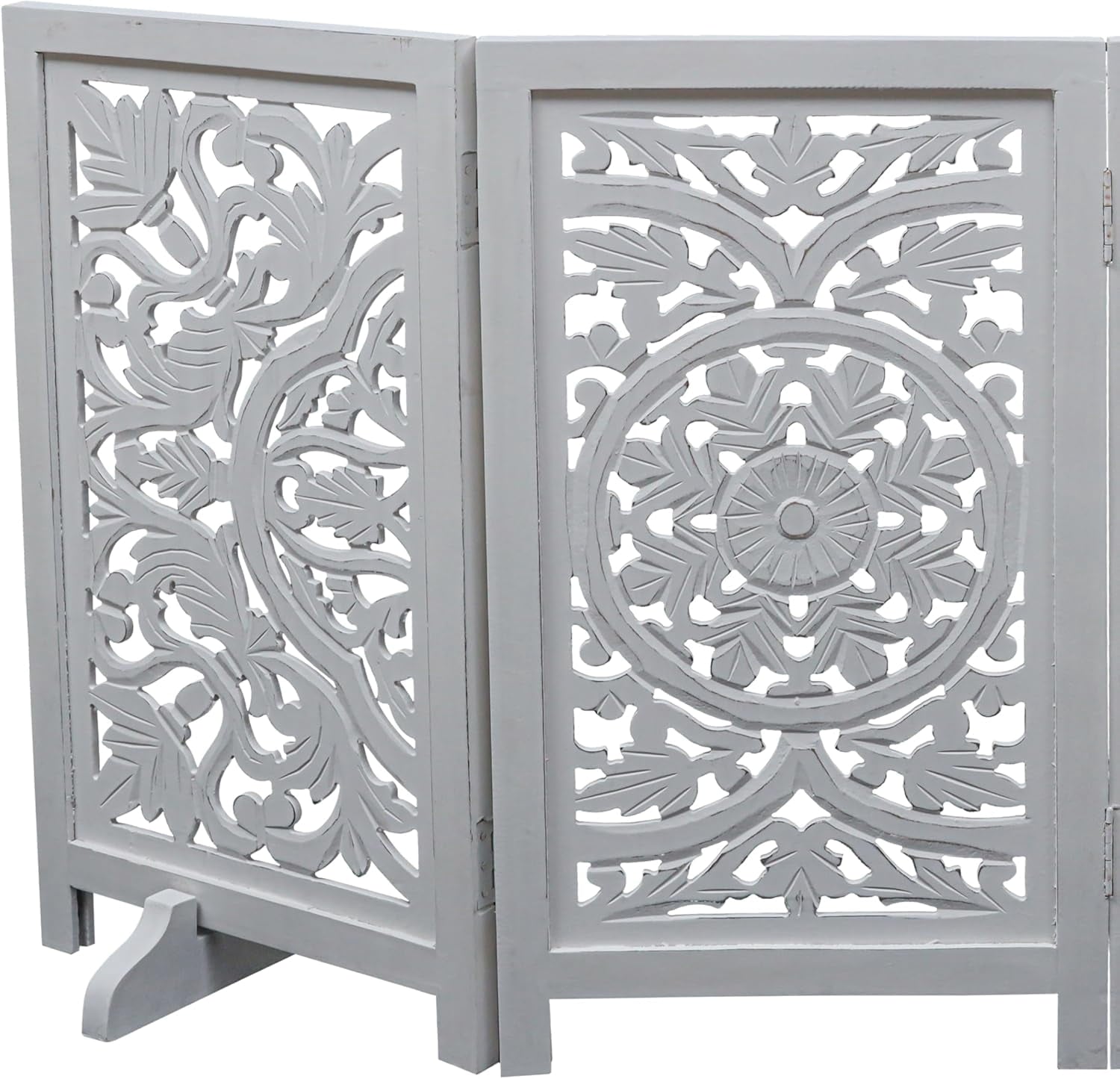 The Wooden Town Foldable 3-Panel Wooden Dog Gate with Circle Design, Freestanding Indoor Pet Barrier for Doorways & Stairs, White Antique, 48" Wide