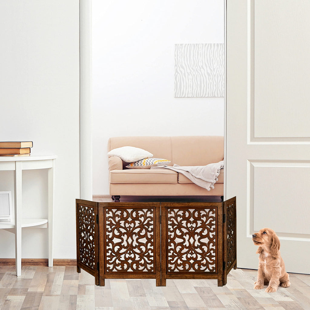 The Wooden Town Freestanding Dog Gate, Foldable 4-Panel Wooden Pet Gate for Indoor Use, Hand-Carved Solid Wood & MDF, Antique Brown, 72" W x 24" H