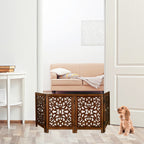 The Wooden Town Freestanding Dog Gate, Foldable 4-Panel Wooden Pet Gate for Indoor Use, Hand-Carved Solid Wood & MDF, Antique Brown, 72" W x 24" H