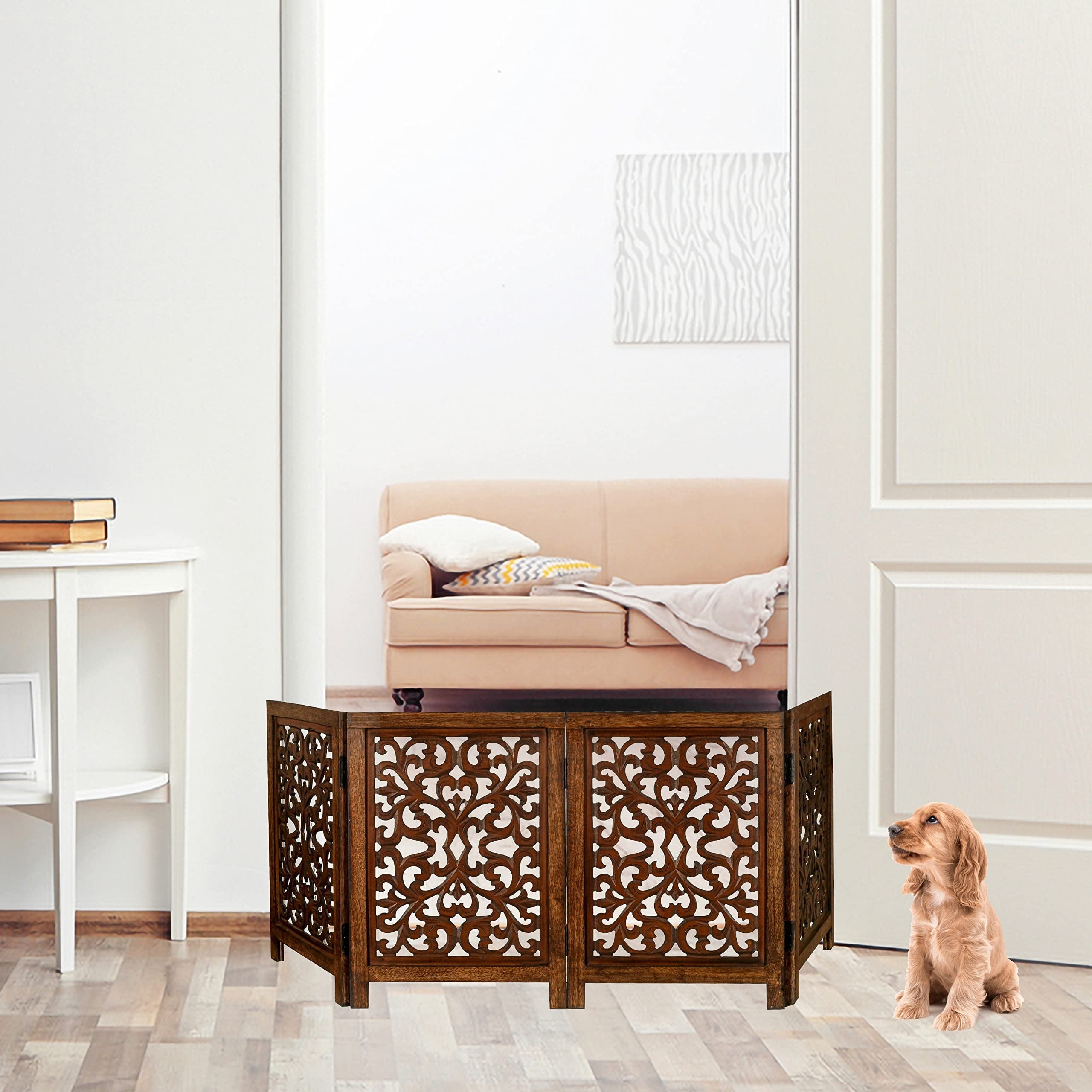 The Wooden Town Freestanding Dog Gate, Foldable 4-Panel Wooden Pet Gate for Indoor Use, Hand-Carved Solid Wood & MDF, Antique Brown, 72" W x 24" H
