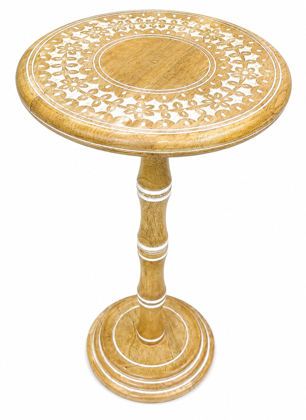 Alpha Living Round Wooden Accent Table with Floral Inlay Design