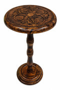 Alpha Living Dark Brown Carved Wooden Round Accent Side Table
