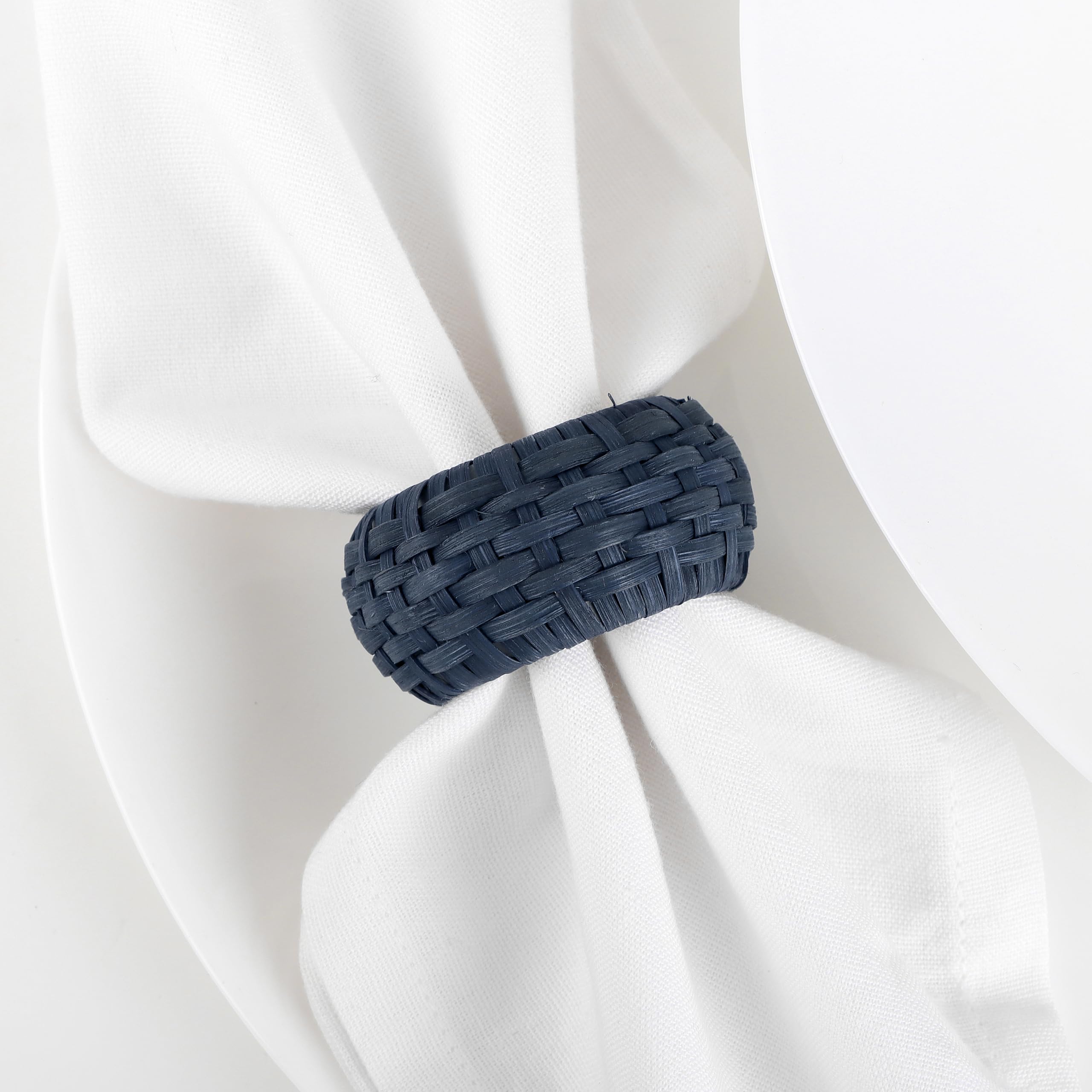 Artisan Cane Napkin Rings Set of 12, Earthy Woven Dinner Napkin Holders, Natural Bohemian Farmhouse Table Accessory for Dinner Parties & Everyday Use (Blue) - ALPHA Living HOME