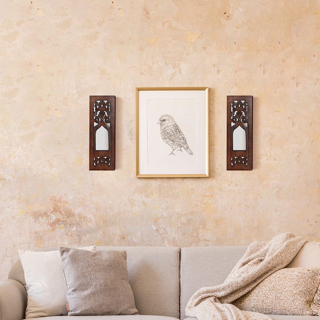 Jharokha Wooden Wall Panels with Mirror – Set of 2 (12”×4”)