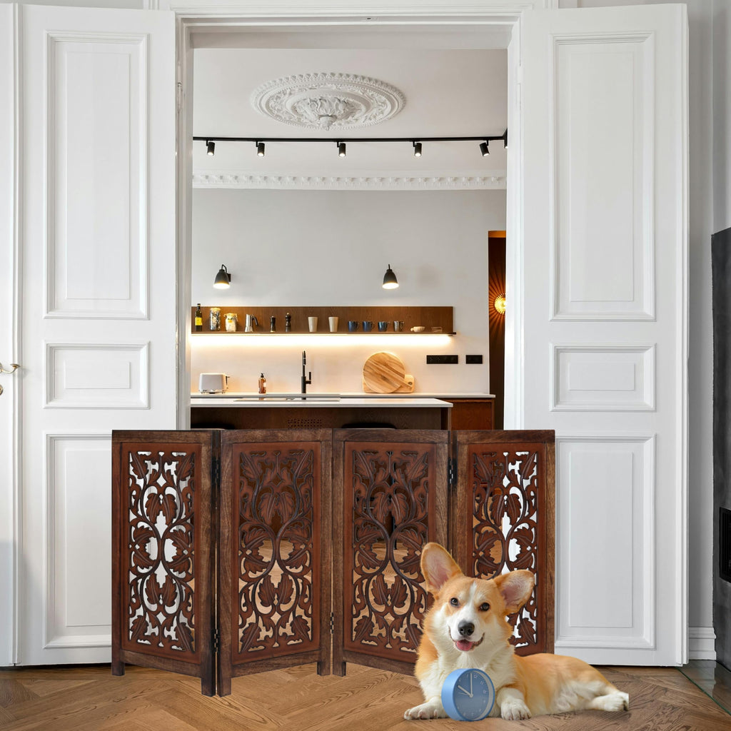 Wooden Town 4-Panel Foldable Dog Gate – 56" W x 28" H