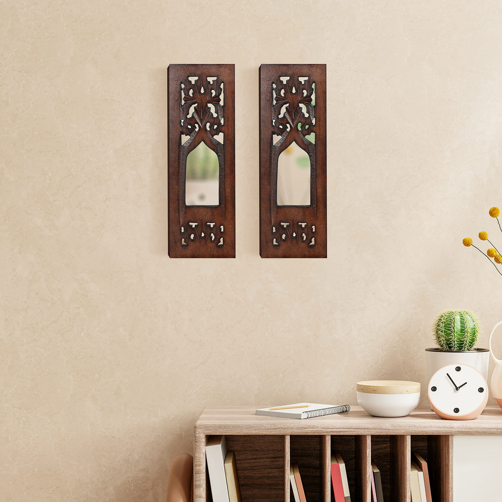 Jharokha Wooden Wall Panels with Mirror – Set of 2 (12”×4”)