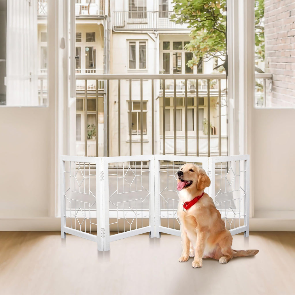 The Wooden Town Foldable Indoor Dog Gate, 4-Panel Freestanding Pet Gate with Arrow Pattern, White Finish, 72" W x 18" H