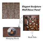 Hand-Carved Wooden Wall Panels Set of 3 – 36” x 12” Burnt Finish Wall Décor