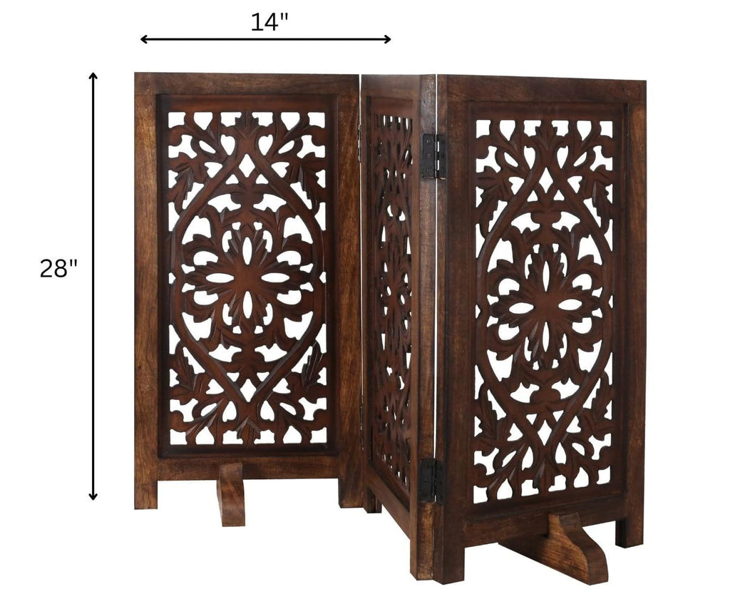The Wooden Town Freestanding Dog Gate, Foldable 4-Panel Indoor Pet Gate, Hand-Carved Solid Wood & MDF, Burnt Finish, 56" W x 28" H