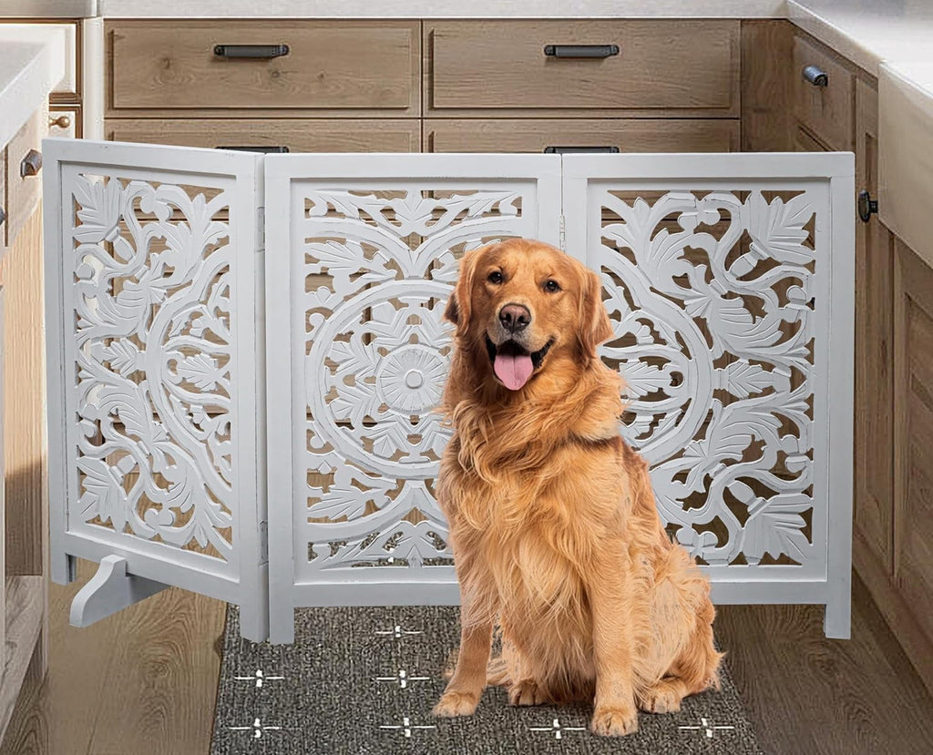 The Wooden Town Foldable 3-Panel Wooden Dog Gate with Circle Design, Freestanding Indoor Pet Barrier for Doorways & Stairs, White Antique, 48" Wide