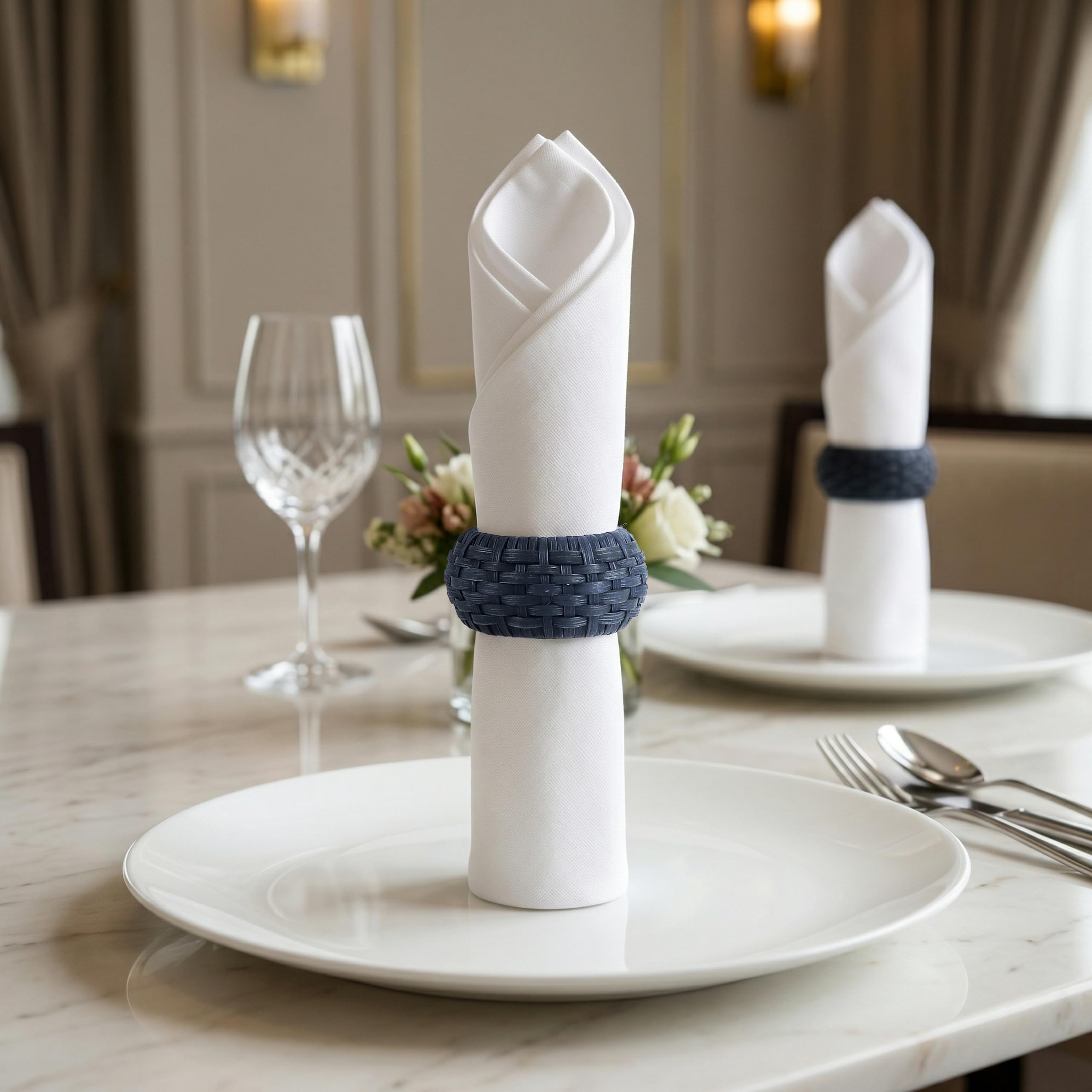 Artisan Cane Napkin Rings Set of 12, Earthy Woven Dinner Napkin Holders, Natural Bohemian Farmhouse Table Accessory for Dinner Parties & Everyday Use (Blue) - ALPHA Living HOME