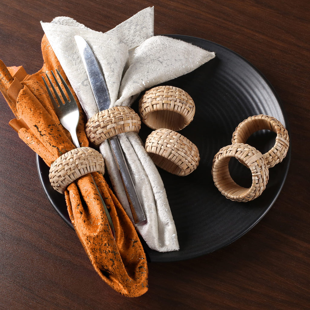 Natural Cane Napkin Rings Set of 8, Handwoven Table Decor, Bohemian Coastal Napkin Holders for Rustic Dining & Tropical Vibes - Sleek for Everyday Use (Brown) - ALPHA Living HOME