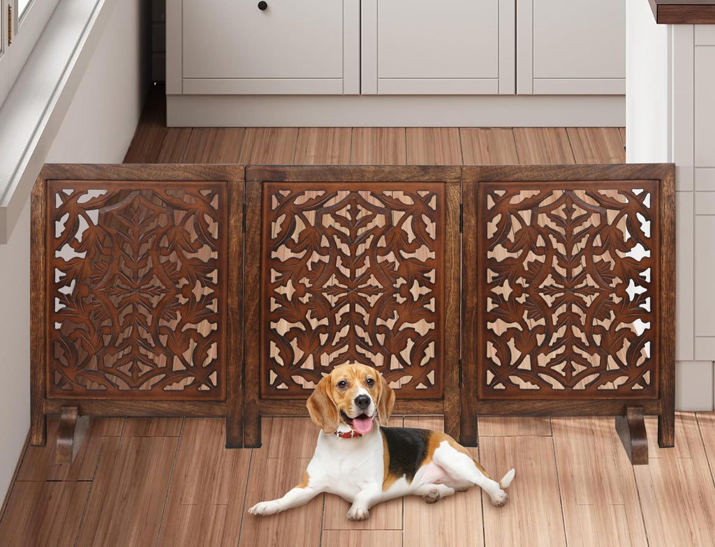 The Wooden Town Freestanding Dog Gate, Foldable 3-Panel Wooden Pet Gate, Hand-Carved Solid Wood & MDF, Burnt Finish, 54" W x 24" H