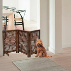 The Wooden Town Foldable 3-Panel Wooden Dog Gate with Sunflower Design, Freestanding Indoor Pet Barrier, Burnt Finish, 48" Wide