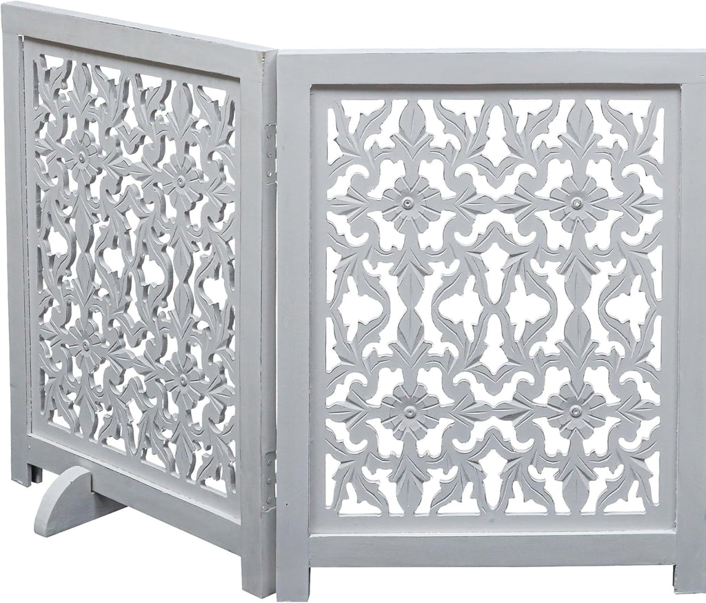 The Wooden Town Foldable 3-Panel Wooden Dog Gate with Flower Design, Freestanding Indoor Pet Barrier, White Antique, 54" Wide