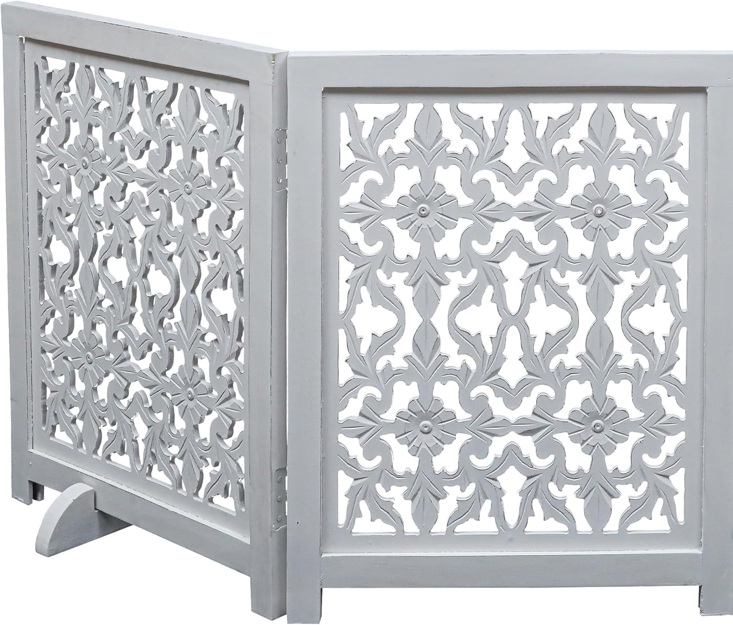 The Wooden Town Foldable 3-Panel Wooden Dog Gate with Flower Design, Freestanding Indoor Pet Barrier, White Antique, 54" Wide