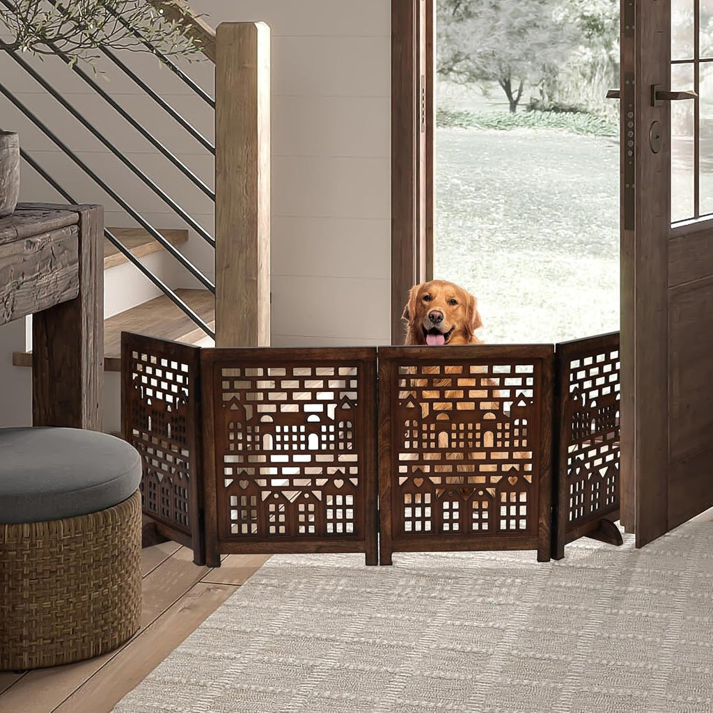 The Wooden Town Freestanding Pet Gate for Dogs, Foldable 4-Panel Wooden Dog Gate for Indoor Use, Burnt Finish, 72" W x 18" H