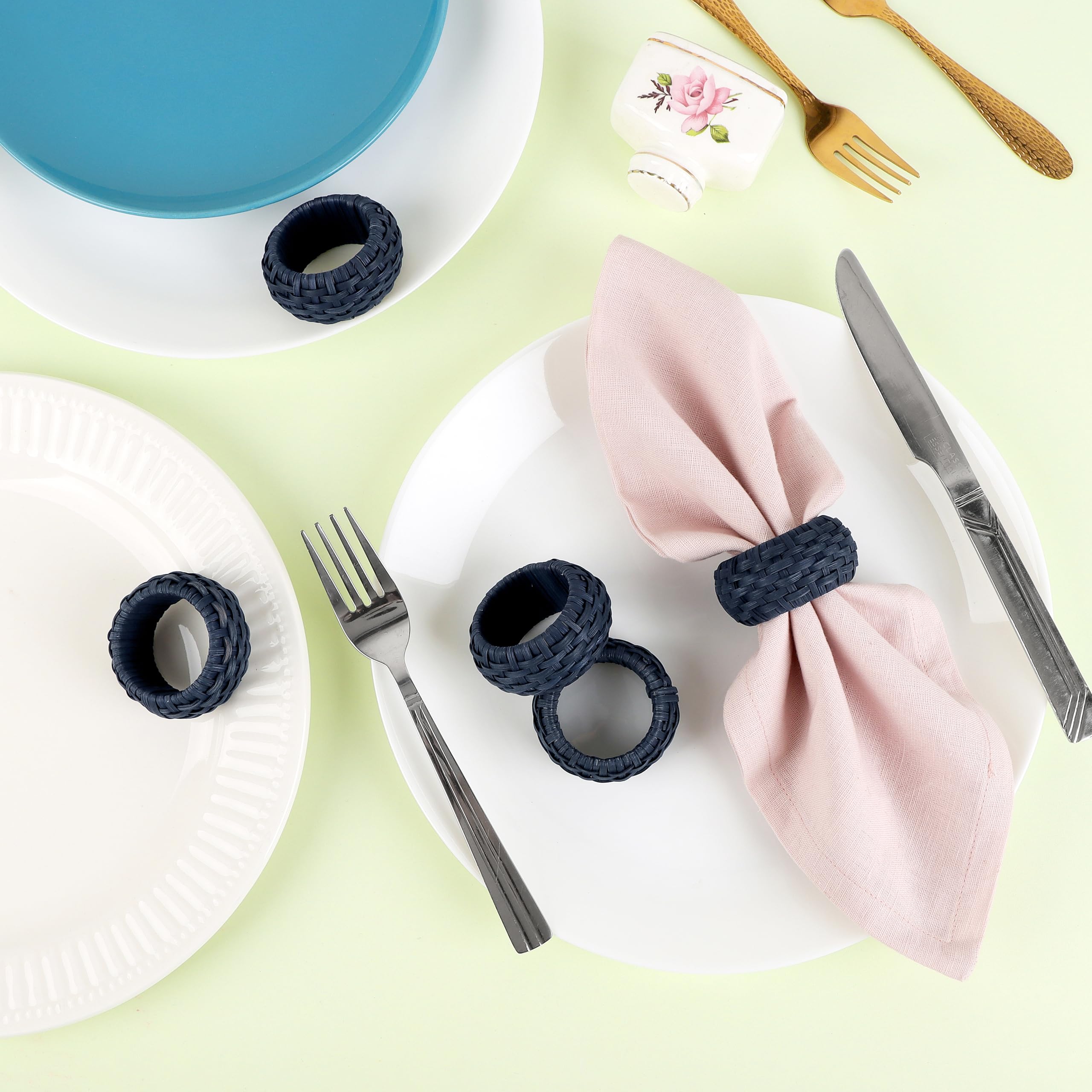Artisan Cane Napkin Rings Set of 12, Earthy Woven Dinner Napkin Holders, Natural Bohemian Farmhouse Table Accessory for Dinner Parties & Everyday Use (Blue) - ALPHA Living HOME
